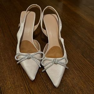 Satin rhinestone bow pointy toe heels